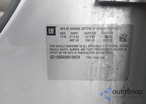 2017 Chevrolet Impala 1Lt из США, поврежденный, VIN 2G1105SAXH9139974